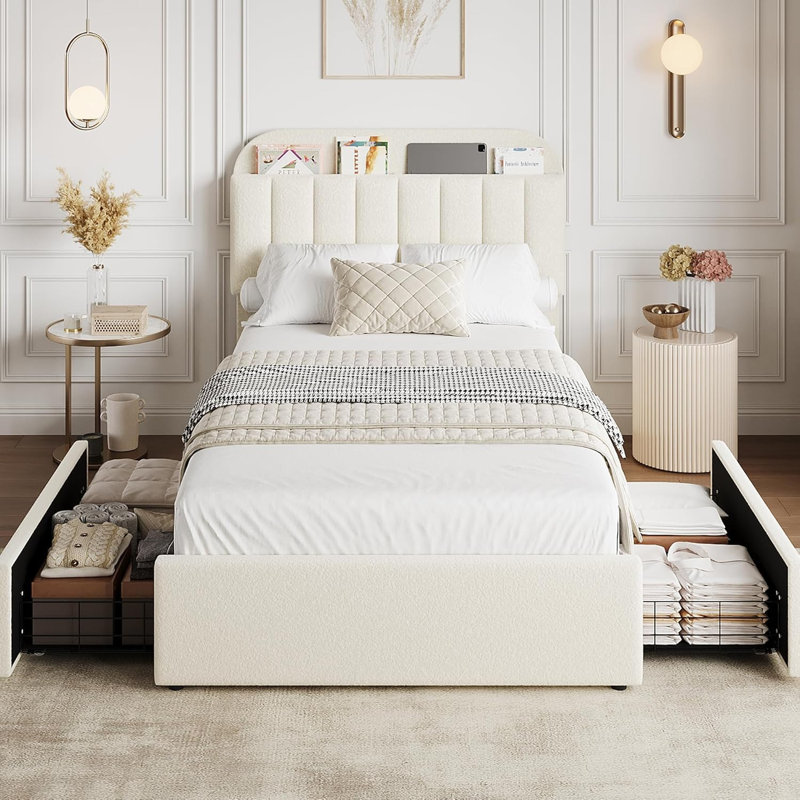 Lit plateforme simple tapissier simple avec tête de lit et 2 tiroirs, Beige, Très grand simple