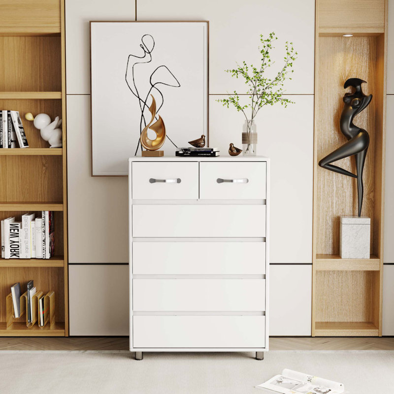 Table d'appoint à six tiroirs Facile à nettoyer Conception simple Bois durable Surface lisse Assemblage facile Coins ronds Poignées invisibles Solution de rangement de mobilier moderne