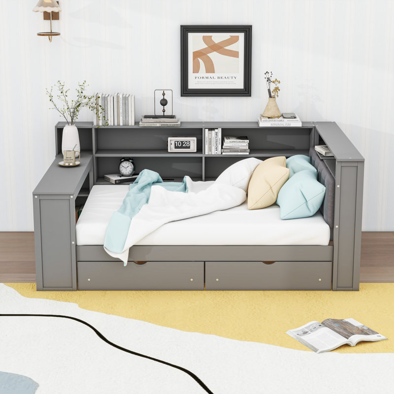 Lit de jour en bois avec tablettes, tiroirs, station de charge, DEL et bureau, Gris, Complet/Double