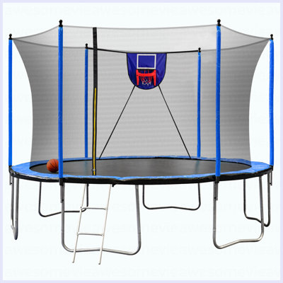 Trampoline 15 pi avec gonfleur et échelle pour panier de basketball, 6 pièces de filet de sécurité supplémentaire - bleu
