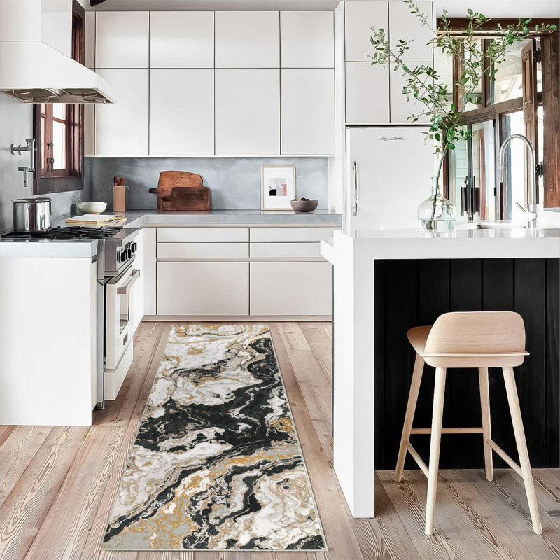Washable marble-effect rug – modern, flat-woven and non-slip rug – easy to care for, stain-resistant & soft – ideal for living room, bedroom, kitchen, dining room or office – Boho style