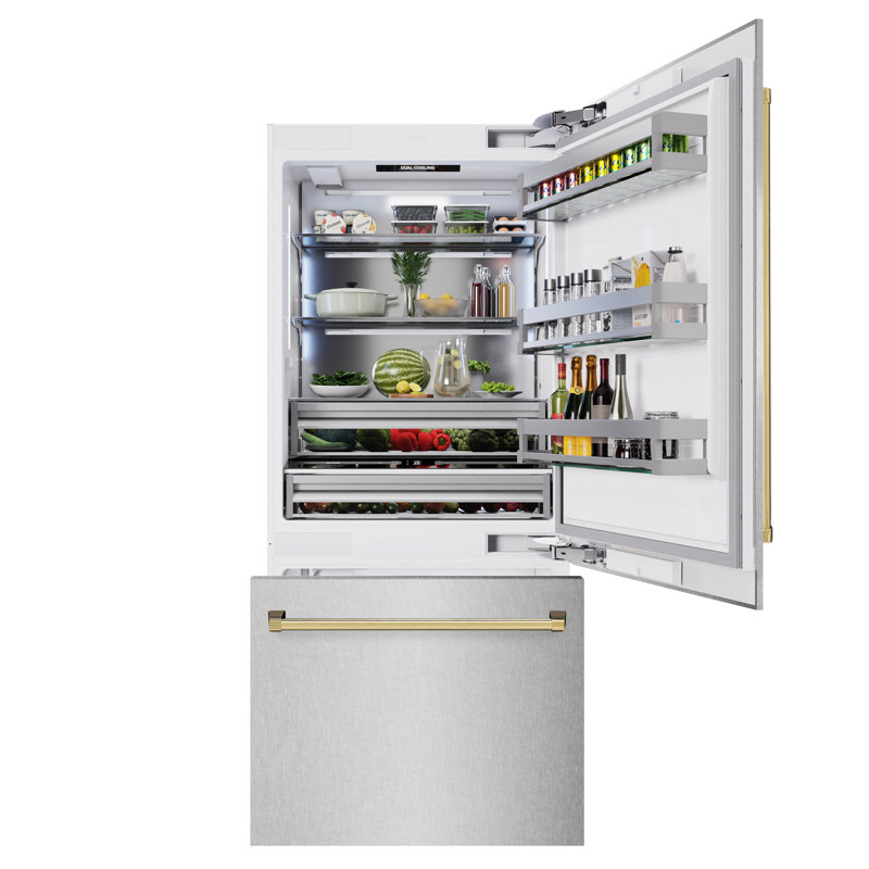 ZLINE Autograph 36 in. Built-In Refrigerator in White Matte w/ Bronze Accents, Satin Stainless Steel/Polished Gold