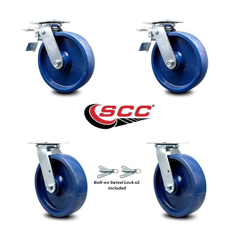 8 Inch Solid Polyurethane Caster Set with Roller Bearings 2 Brake 2 Swivel Lock