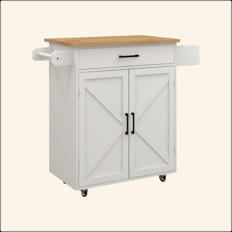 Kitchen Island Rolling Trolley Cart With Adjustable Shelves & Towel Rack & Seasoning Rack Rubber Wood Table Top-White