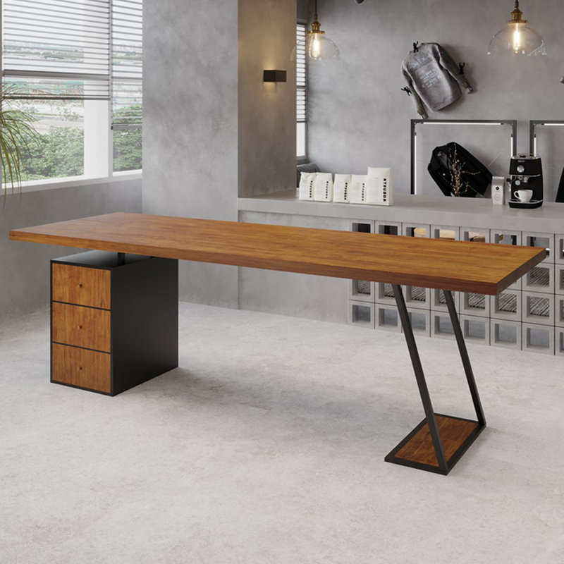 Tan Rectangular Solid Wood+Iron desks, 29.53" H x 86.61" W x 35.43" D, Left Hand Return