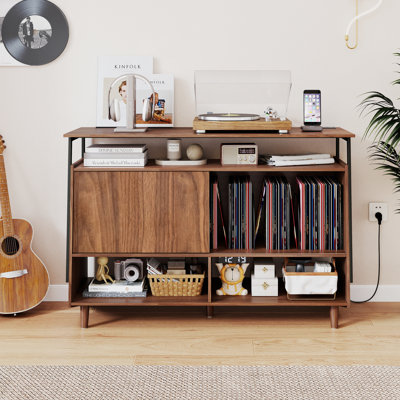 Large Record Player Stand With Sliding Door, Vinyl Record Storage Cabinet With Charging Station And Usb Ports