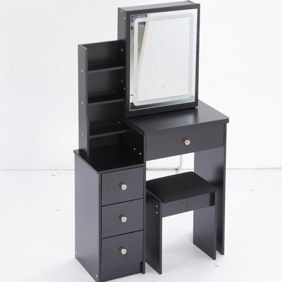 Petite coiffeuse avec tabouret rembourré et miroir tactile coulissant à écran tactile, réglage de la luminosité et de la luminosité, noir, table de conception américaine, choix de couleurs tactiles, tabouret, pour les espaces de vie