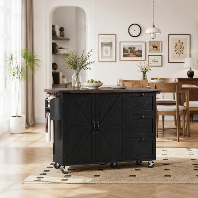 Farmhouse Kitchen Island with Power Outlet, Internal Storage Rack, Drop Leaf, and Rolling Wheels for Versatile Use and Enhanced Functionality