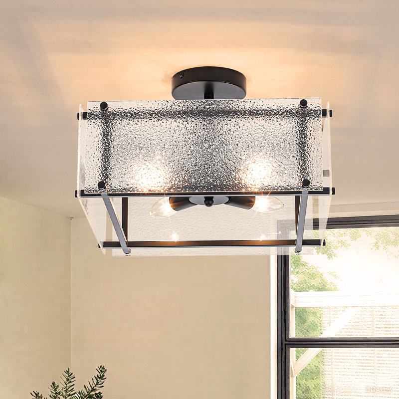 4 Light Glass Geometric Semi Flush Mount, Matte Black