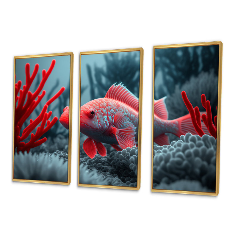 «Tropical Fish in Blue and Red II», reproduction sur toile 3 pièces, H 32 po x l 48 po x P 1 po, Toile à cadre flottant doré