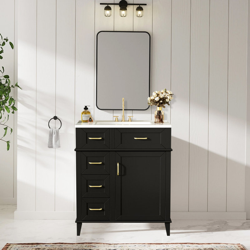 30" Bathroom Vanity With Ceramic Sink,three Soft Close Drawers, Black