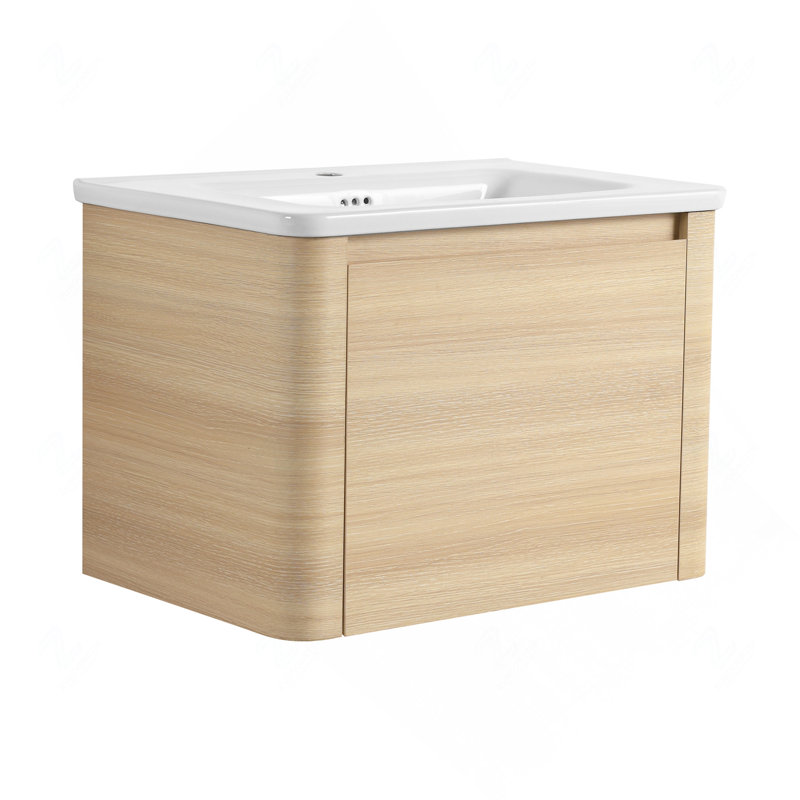 Meuble-lavabo mural 28 po en contreplaqué de chêne blanc avec lavabo en céramique et 1 porte à fermeture en douceur