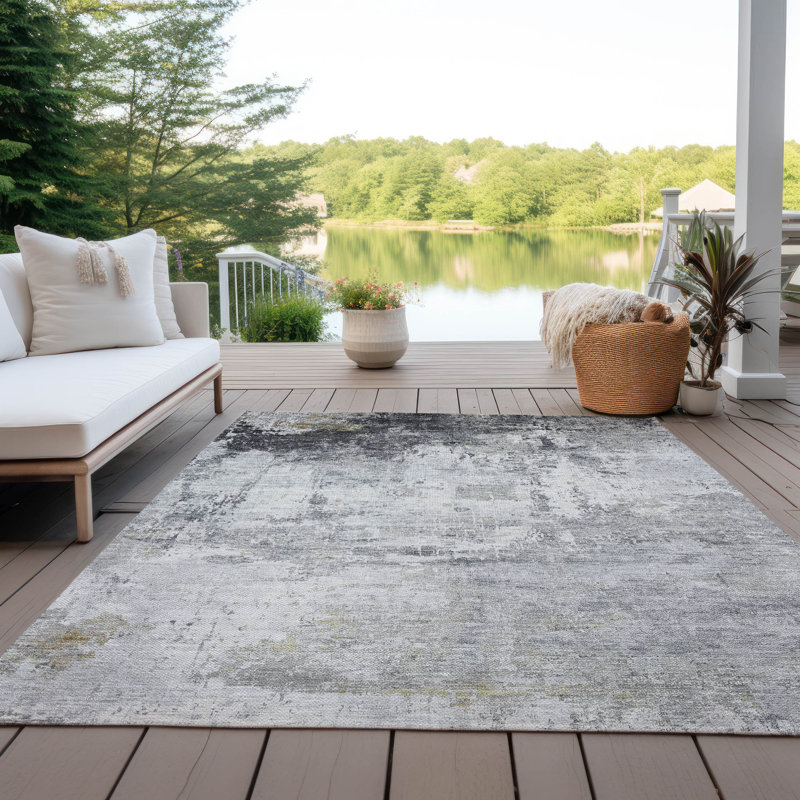 Tapis intérieur / extérieur gris lavable à la machine Xhevrie, Rectangle 9 pi x 12 pi