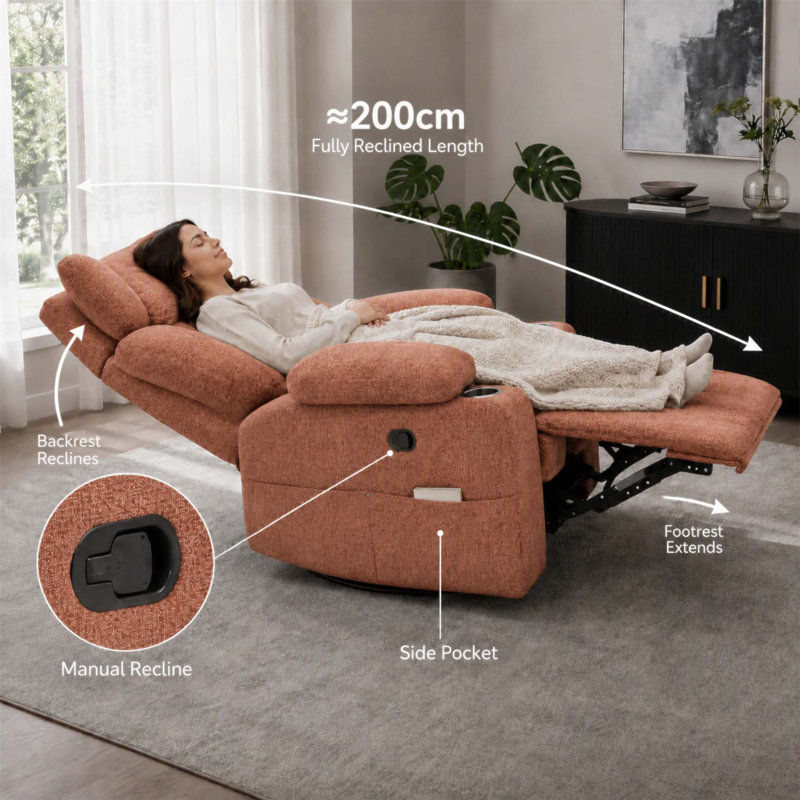 Fauteuil inclinable à bascule extra manuel avec pivotement à 360 °, rembourrage ergonomique et structure robuste pour une détente confortable