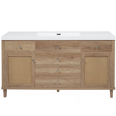 Meuble-lavabo de salle de bain avec lavabo SMC, grande armoire de rangement moderne avec tiroirs à fermeture en douceur et portes en rotin