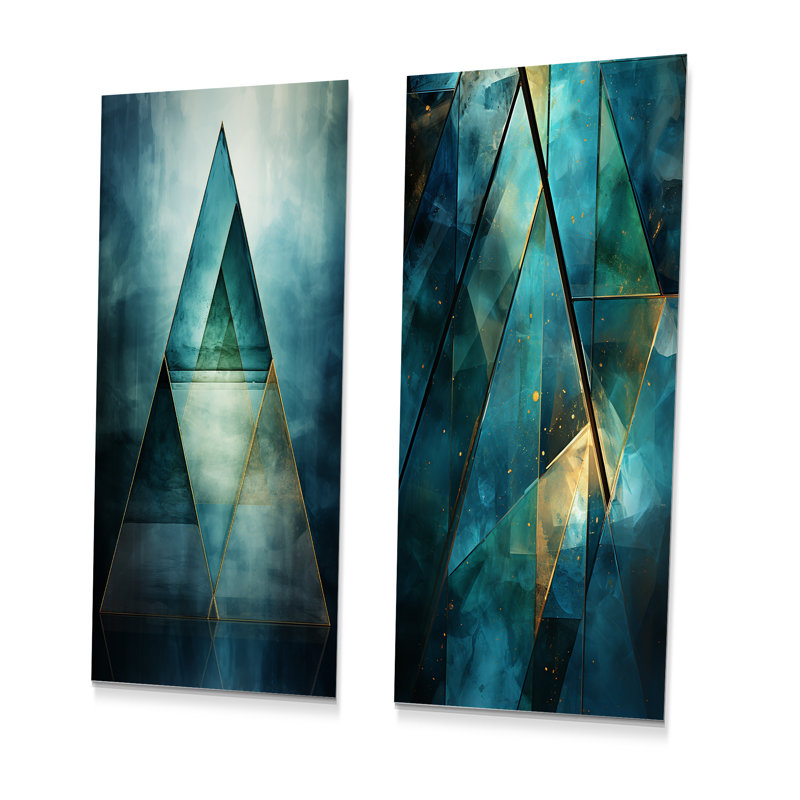 Emerald Blue Pyramid Shapes I - Ensemble de 2 reproductions d'art abstrait en métal, H 28 po x l 24 po