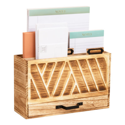  Natural Wood Desktop Mail Organizer with Drawer, 3-Tier Letter Holder with Label Slots, Office Desk Paper Sorter, Brown