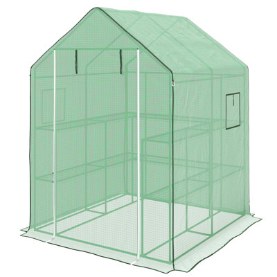 4.6' X 4.7' Portable Greenhouse, Water/UV Resistant Walk-In Small Outdoor Green House With 2 Tier U-Shaped Flower Rack Shelves, Roll Up Door & Windows, Green