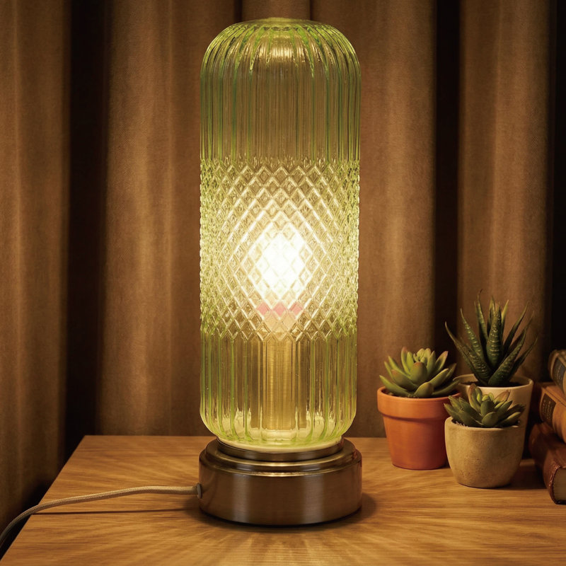 Lampe de table tactile en verre à ondulation avec base en laiton antique, Vert