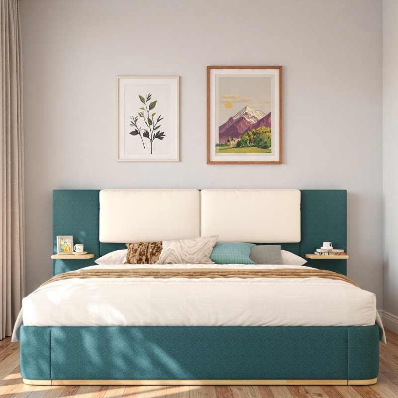 Lit plateforme tapissier avec tablettes, Vert / Beige, Très grand lit