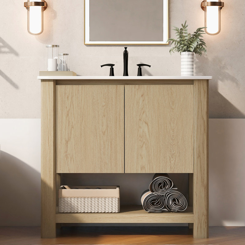 Meuble-lavabo moderne 36 po avec lavabo en céramique et grand espace de rangement, Naturel