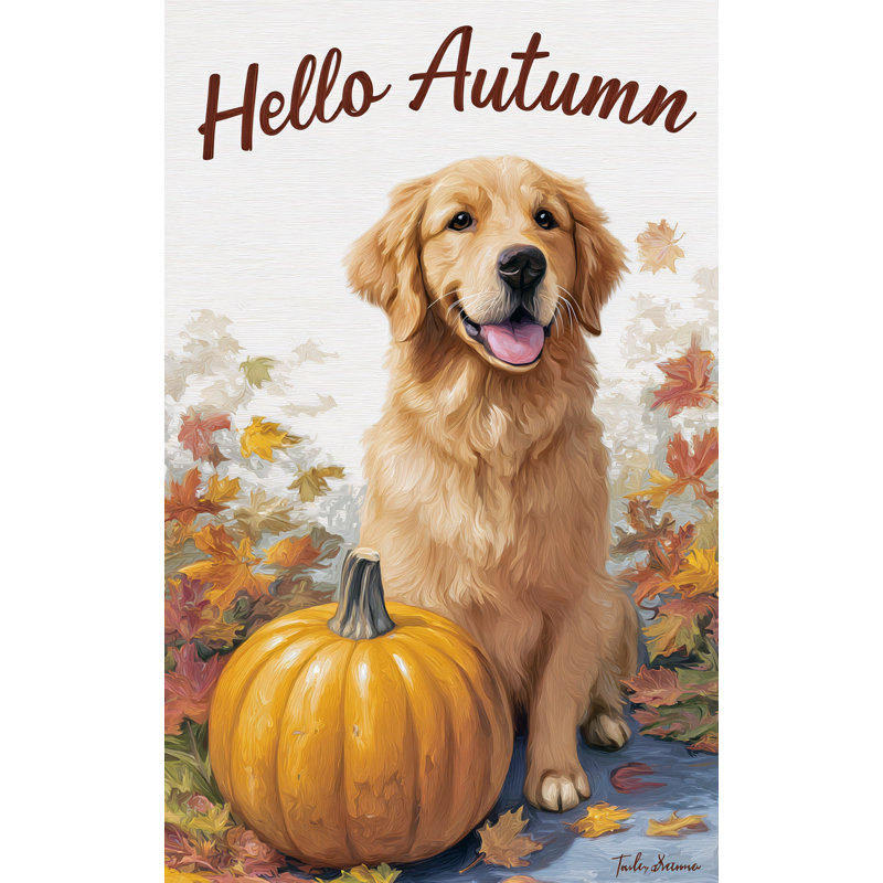«Hello Autumn Golden Retriever», art mural sur toile tendue, H 48 po x l 36 po