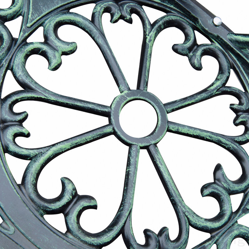 Banc d'extérieur, mobilier d'extérieur en fonte d'aluminium, banc en métal avec accent floral rose et finition antique, vert