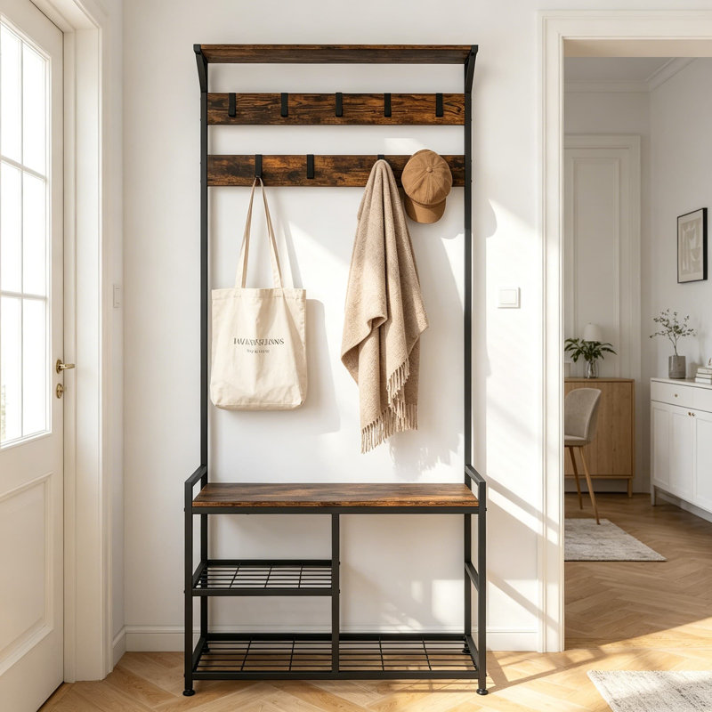 Coat Rack with Shoe Bench, 3-in-1 Industrial Hall Tree with Storage Bench and 9 Hanging Hooks, 3-Tier Wood Look Entryway Bench with Metal Frame and Adjustable Foot Pads for Hallway, Apartment, Dorm, Brown