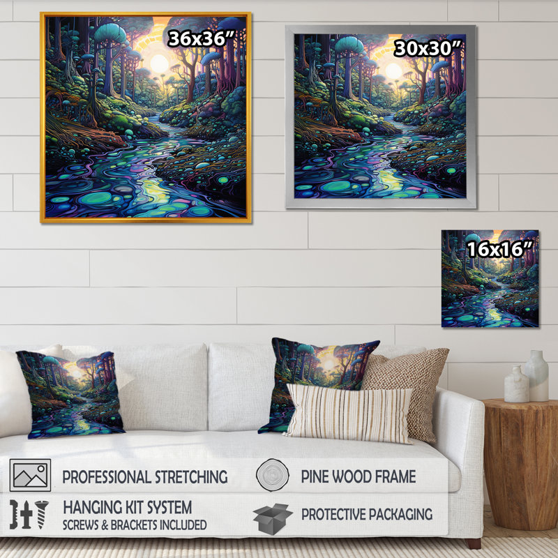 Fantaisie, forêt colorée, impression sur toile, Cadre simple argenté, H 30 po x l 30 po x P 1 po