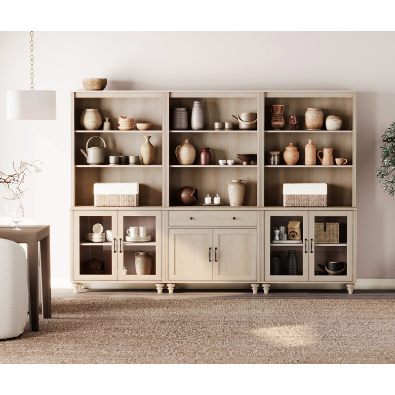 Scarlett Sideboard Cabinet With Bar Hutch, Farmhouse Sideboard Credenza With 4 Glass Doors For Dining Room, Large Storage Cabinet With Wood Doors And 5 Tier Shelve, Beige