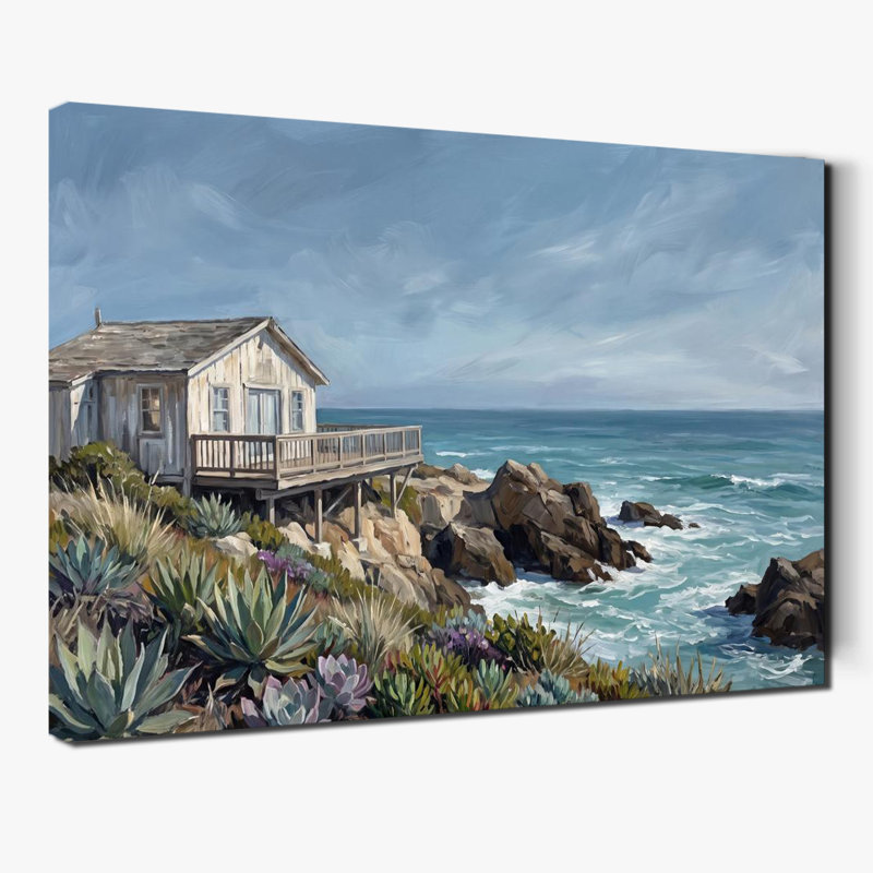 Tableau sur toile représentant une maison en bois à flanc de falaise et des vagues océaniques - Décoration murale côtière