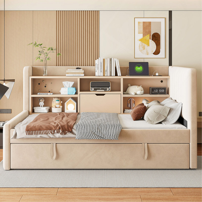 Lit de jour simple rembourré avec lit gigogne, tablettes de rangement, port USB et prise de courant, Beige