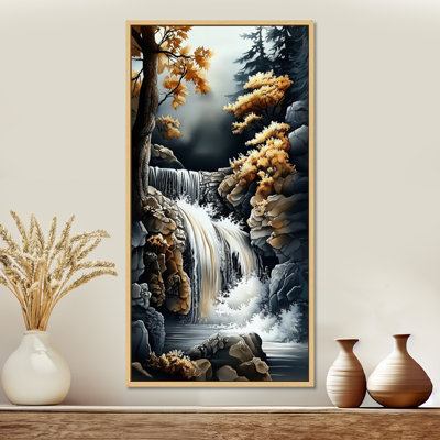 «Gray Yellow Autumn Waterfall Forest Trail I - Gray Nature», reproduction d'art sur toile
