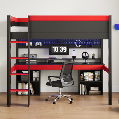 Lit mezzanine pleine grandeur avec lumières DEL, bureau intégré, panneau perforé de rangement et suspendu, noir et rouge