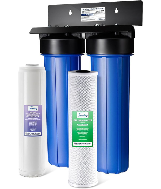 iSpring Whole House Water Filter System, Reduces Scale, Corrosion, Chlorine, Taste, Odor, 2-Stage Water Descaler and Water Filter, Model: WGB22B-DS