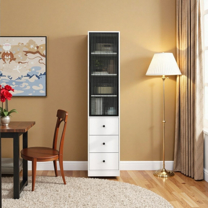 Armoire de rangement avec portes en verre et 3 tiroirs, organisateur vertical avec cadre noir