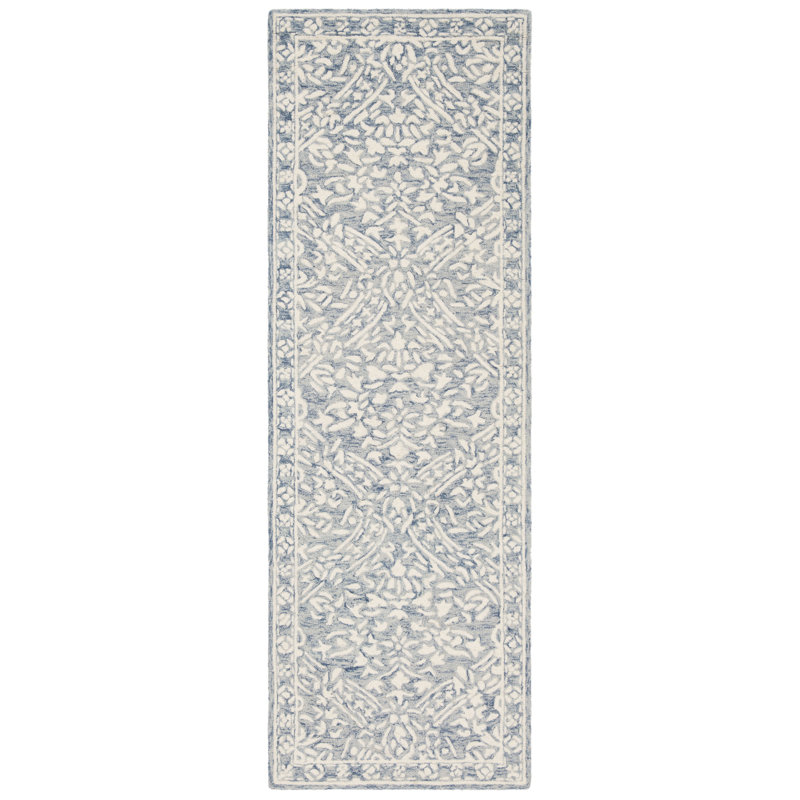 Handmade Blue Floral Wool Runner Rug 2'3" x 7'