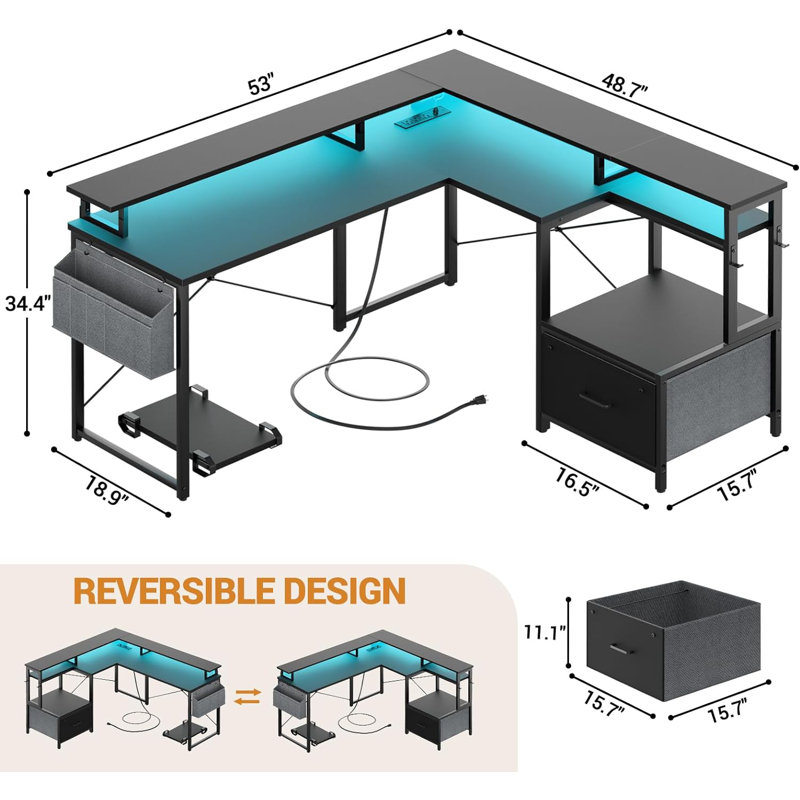 Vanscoy Reversible L-Shaped Computer Desk with File Drawer and Storage, Black