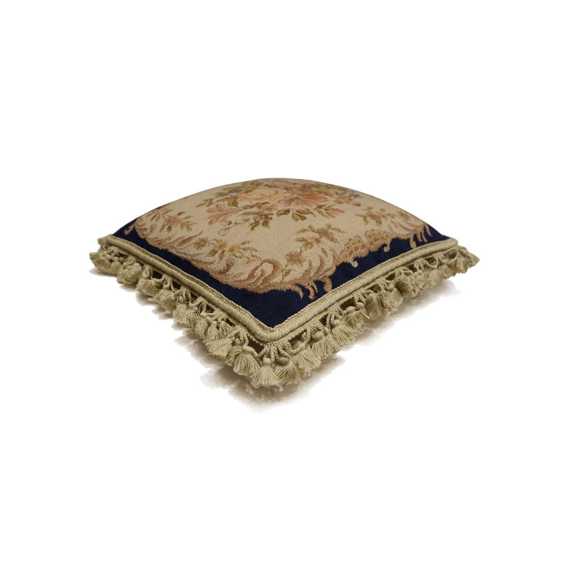 Needlepoint Square Pillow Cover & Insert, Navy Blue/Beige