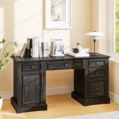 60" Farmhouse Executive Office Desk With Drawers & File Cabinet