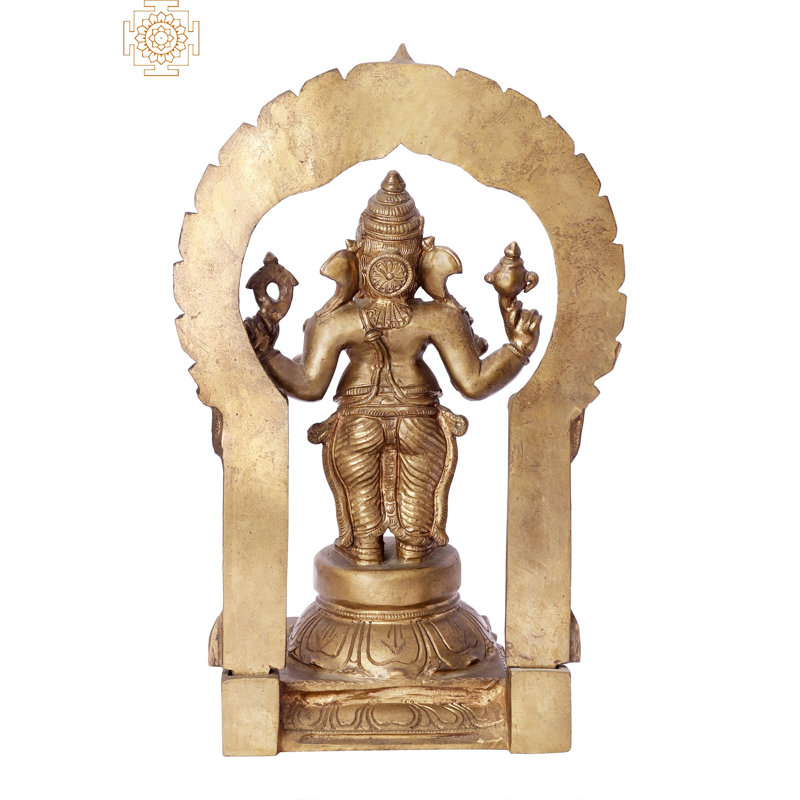 Statue de bronze de Panchaloha fait à la main de 13 po Bhawan Ganesha avec arche, coulée de cire perdue Madhuchista Vidhana de Swamimalai, décor spirituel traditionnel indien