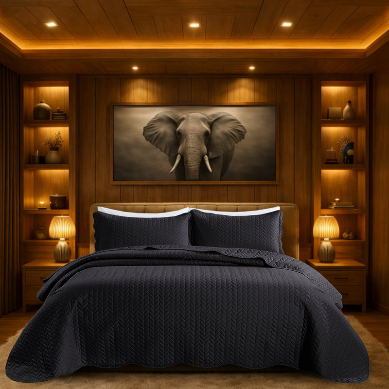 Microfiber Embossed Oversized Bedspread Set With Shams – Modern & Contemporary, Machine Washable, Dust-Resistant, Black