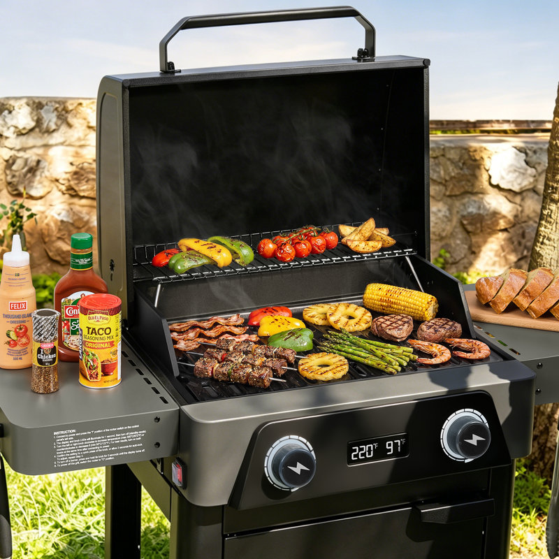 Royal Gourmet Electric Grill with Side Shelves, Grey & Black