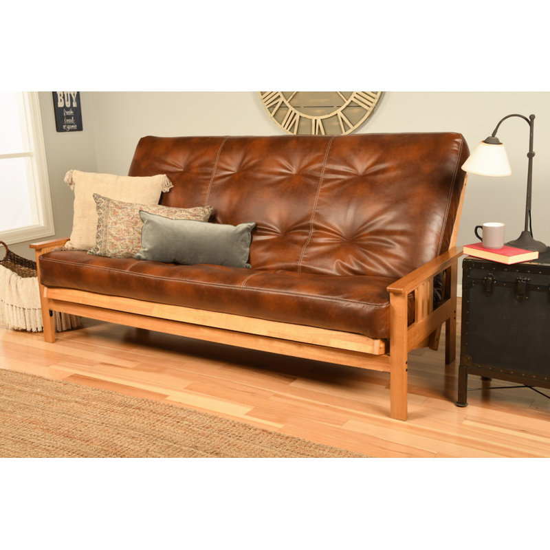 Stratford 86" Queen Futon and Mattress, Oregon Trail Java Faux Leather, Butternut