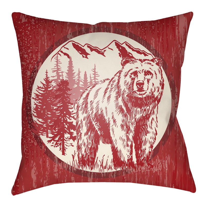 Lodge Cabin Bear Bear Throw Pillow, Crimson Red/Beige, 16" H x 16" W