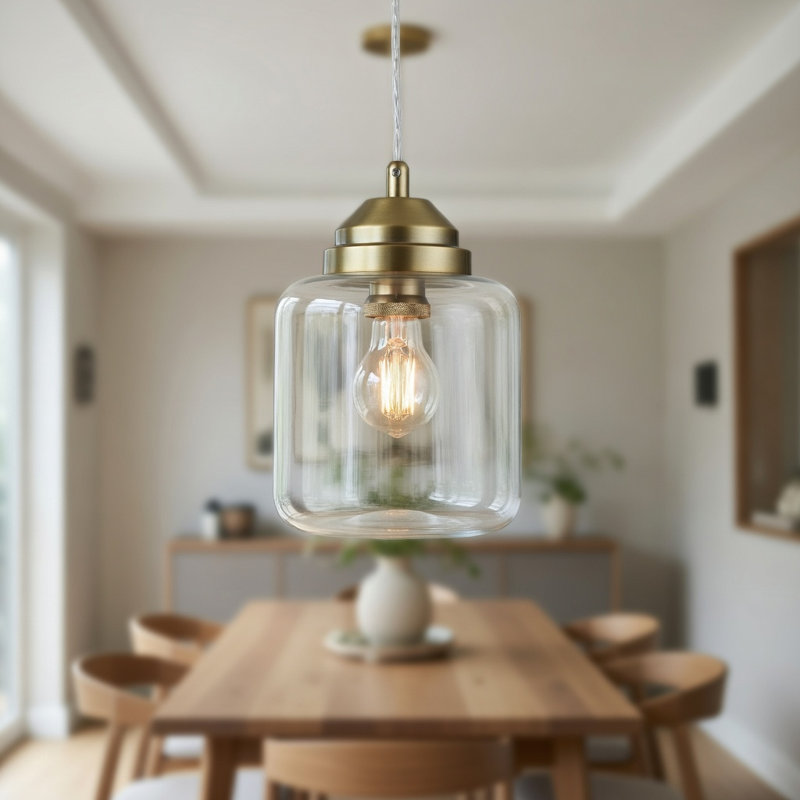 Luminaire suspendu 1 lumière - Abat-jour en verre transparent avec finition dorée