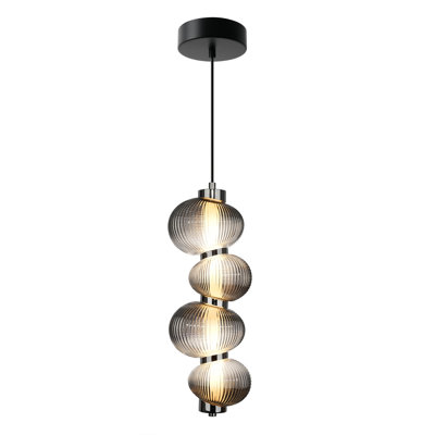 Ariel - Integrated LED Pendant - Chrome with Black Accent - Ribbed Smoke Ombre Glassware Shade