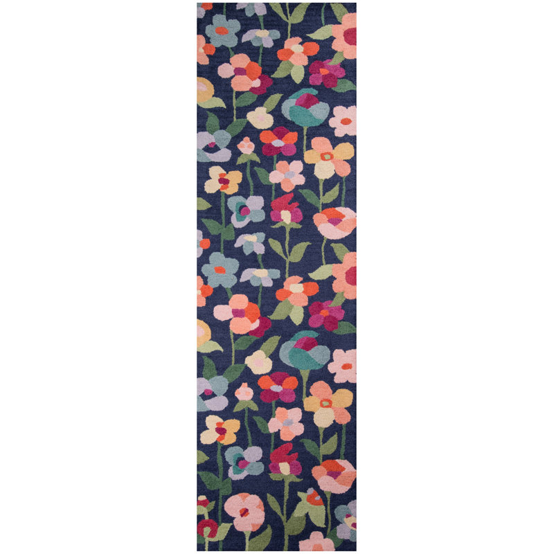 Brooklington Floral Handmade Hooked Wool Navy/Pink Area Rug, Runner 2'3" x 8'