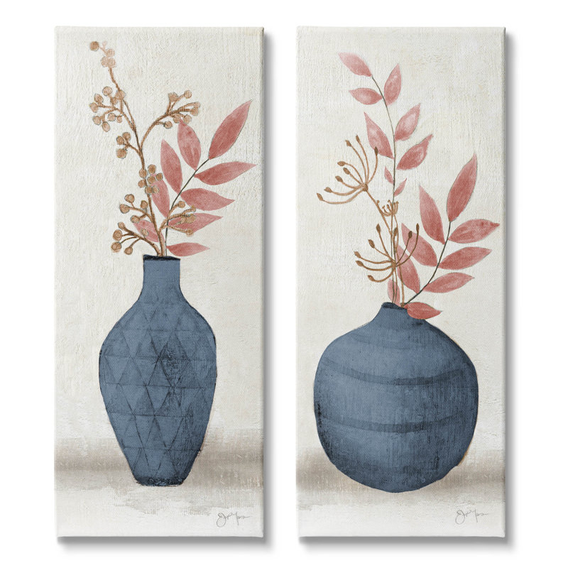 «Ikebana Flower Vases Arrangement», ensemble de 2 toiles murales par Janet Tava, L 13 po x H 30 po, Toile tendue