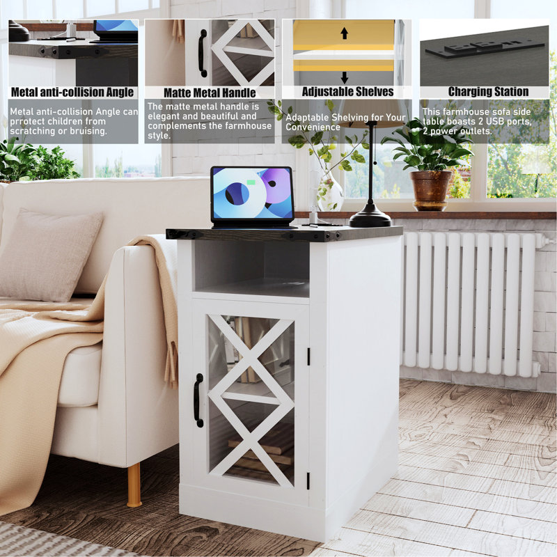 End Table With Charging Station, Nightstand With Adjustable Shelf, Wooden Side Table With Storage For Living Room, Bedroom